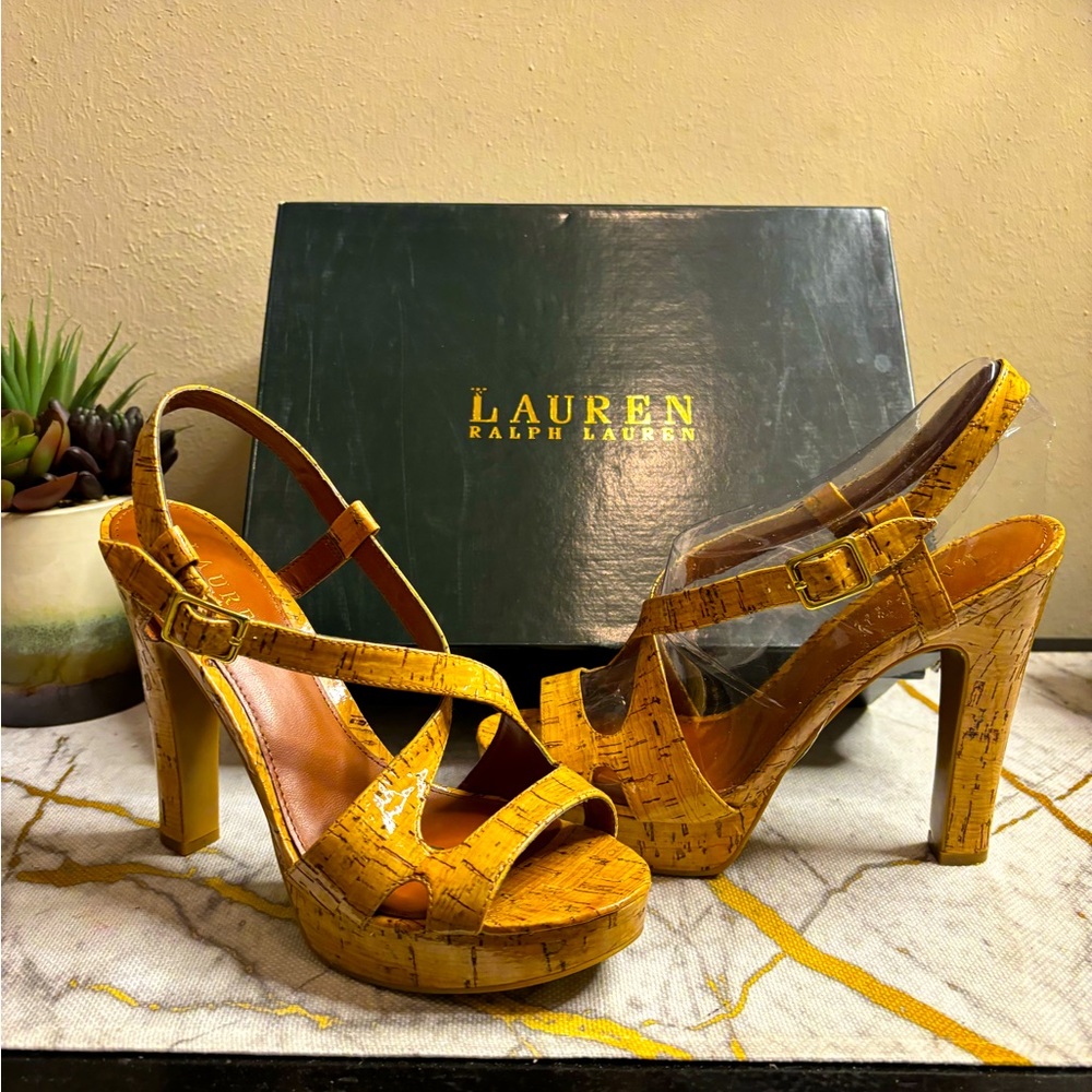 Ralph Lauren tan cork coated platform sandals; very nice and easy to walk in